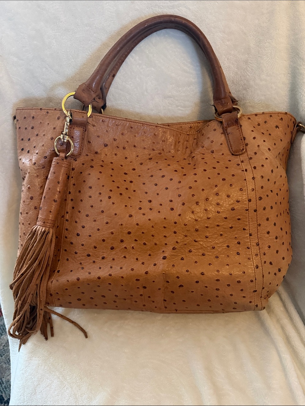 G.I.L.I. Tan Ostrich-Textured Leather Shoulder Bag with Tassel